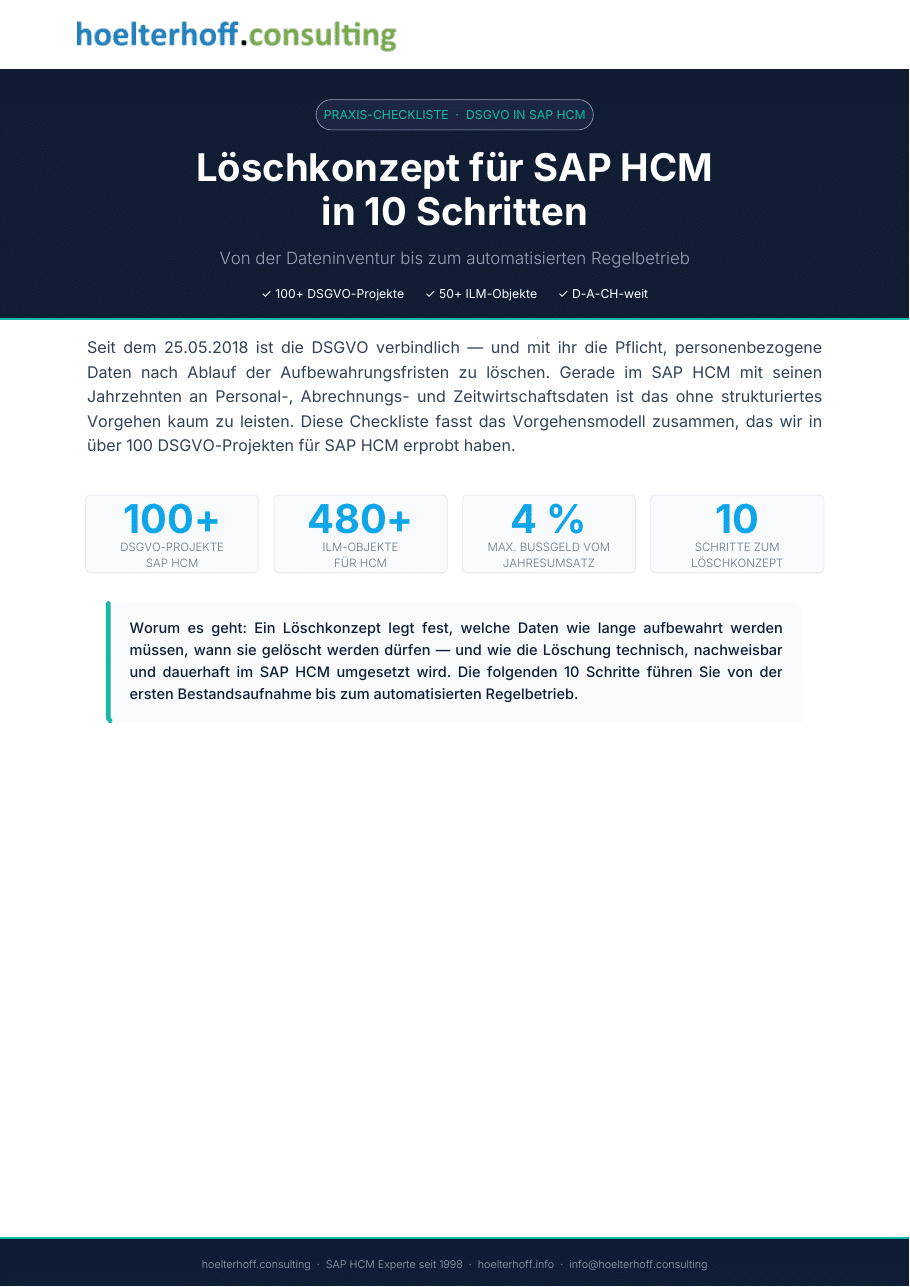 Checkliste: Löschkonzept für SAP HCM in 10 Schritten (PDF)