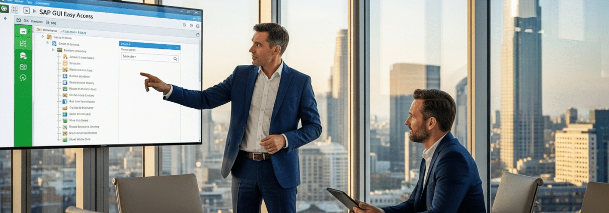 Berater besprechen Datenvernichtung in SAP HCM vor einem SAP-GUI-Screen im modernen Büro