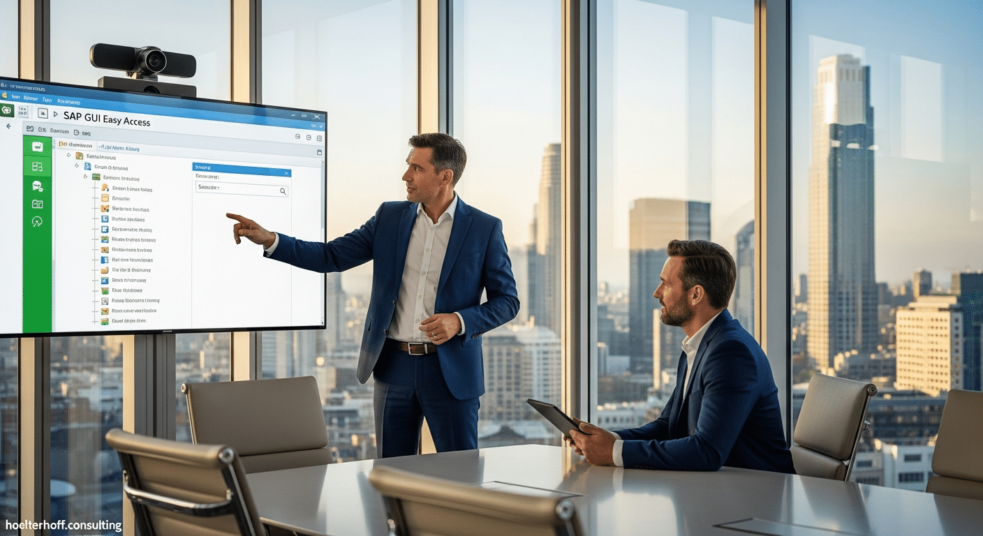 Berater besprechen Datenvernichtung in SAP HCM vor einem SAP-GUI-Screen im modernen Büro