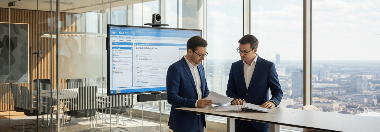 Berater besprechen Löschkonzept für SAP HCM vor SAP-GUI-Bildschirm