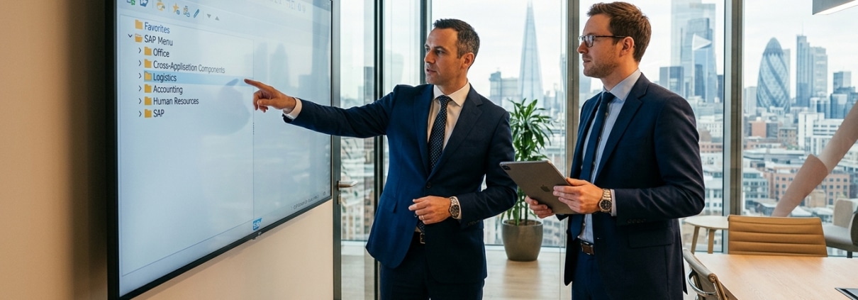 Zwei Berater besprechen einen Löschlauf in SAP HCM vor einem SAP-GUI-Screen im modernen Glasbüro