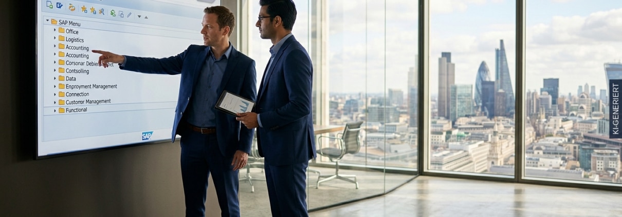 Berater analysieren im Glasbüro das Protokoll eines PA_PIDX-Vernichtungslaufs vor einem SAP-GUI-Screen