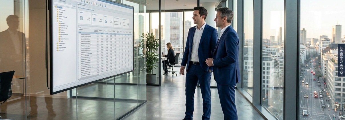 Zwei Berater prüfen im Glasbüro die ILM-Objektliste aus SAP-Hinweis 2122906 vor einem Bildschirm mit Unternehmenssoftware (KI-generiertes Bild)