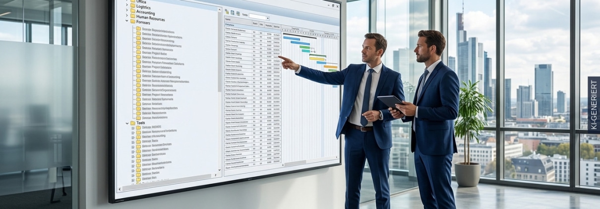 Zwei Berater besprechen die Archivierung von Spool-Listen in SAP HCM vor einem SAP-GUI-Screen im Glasbüro (KI-generiertes Bild)