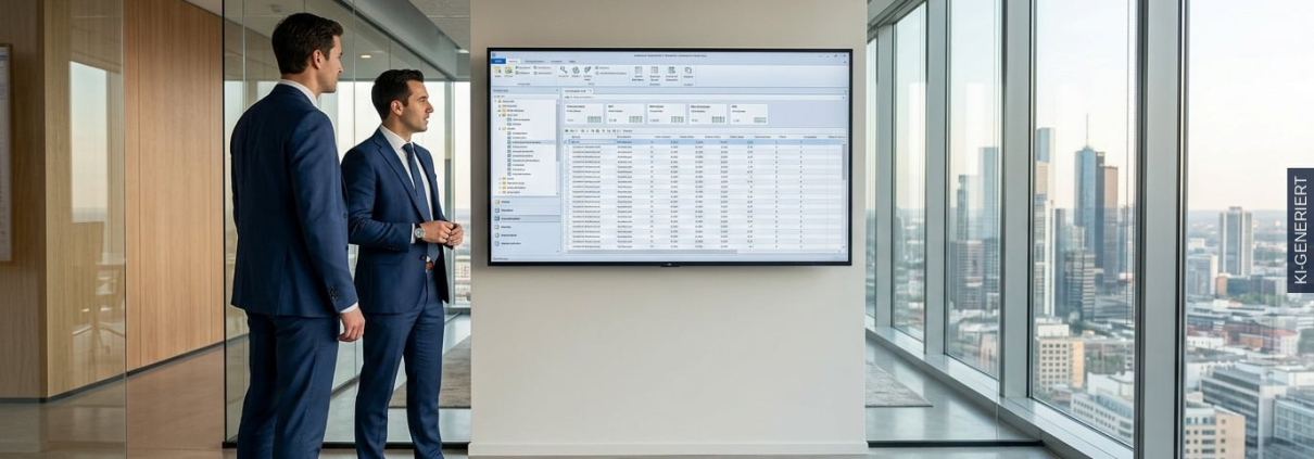 Zwei Berater bewerten im Glasbüro die Löschung alter IDocs in SAP HCM über das ILM-Objekt IDOC und die Transaktion WE11 (KI-generiertes Bild)