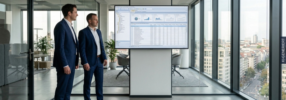 Zwei Berater analysieren im Glasbüro das Protokoll eines PA_TRAVEL-Vernichtungslaufs mit der Meldung PH 260 auf einem großen Wanddisplay